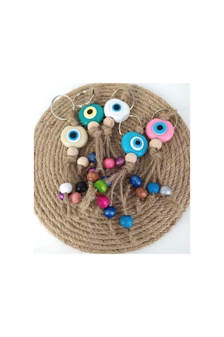 5 Adet Anahtarlık Karışık Renkli Kötü Göz Kovucu Nazar Hand Made Hasır Renkli Ahşap Boncuklu Nazarlık Çanta Araba Süsü