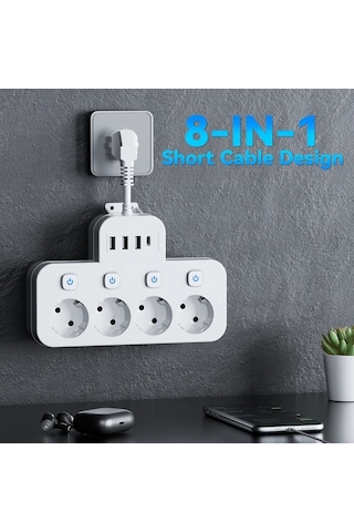 Xuweiwei 8i 1 Arada Standart Eu Priz 4 Usb Portu Usb C Portlu Bagimsiz Anahtarlı Kisa Uzatma Kablosu Beyaz