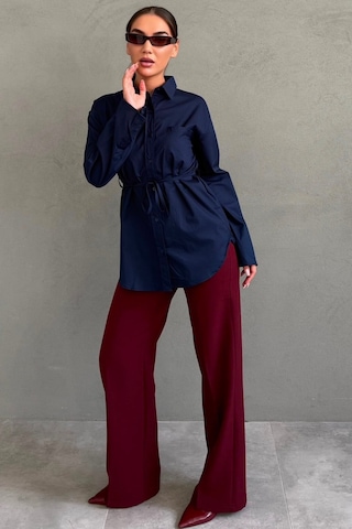 Madmext Lacivert Belden Bağlamalı Oversize Cepli Gömlek Mg2798