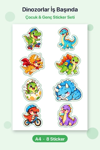 Dinozorlar İş Başında 8 Adet Dinozor Sticker Seti A4 Matara Ve Defter İçin Çok Renkli