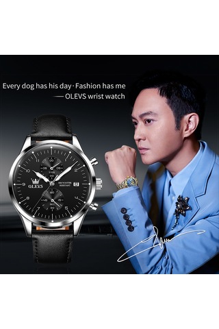 Olevs 2880 Erkekler Çok Fonksiyonlu İş Su Geçirmez Deri Kayış Kuvars Saat Siyah + Gümüş