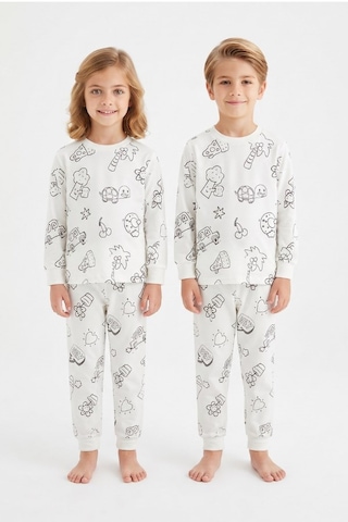 Noble Kids Çocuk Yeniden Boyanabilir Pijama Takımı Ve 6'lı Boya Kalem Seti Beyaz