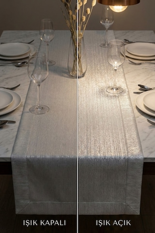 Lumen Serisi Simli Runner Gold / Silver , Premium Çeyizlik Lüks Şık Masa Örtüsü Runner 40x150 Cm Gümüş