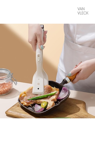 Silikon Maşalı Spatula Isıya Dayanıklı, Kaymaz Saplı, Çok Amaçlı Mutfak Maşası Spatula Krem