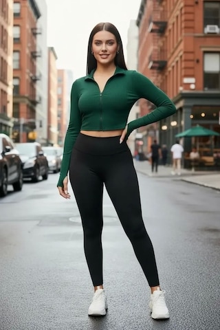 Najmaddin Beru Yeşil Dik Yaka Fermuarlı Uzun Kollu Parmak Geçmeli Crop Top Spor Bluz