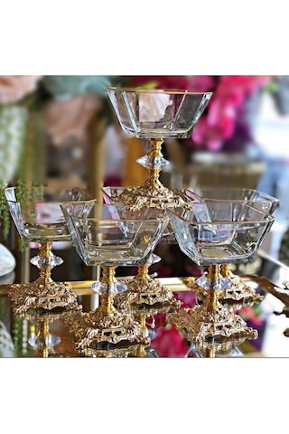 Art Glass Metal Ayaklı Cam Tatlı Dondurma Çerezlik Kase Altın 6lı