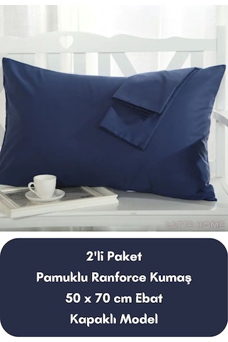 Lacivert Renkli Ranforce Pamuklu Kumaş Kapaklı Yastık Kılıfı 2'li