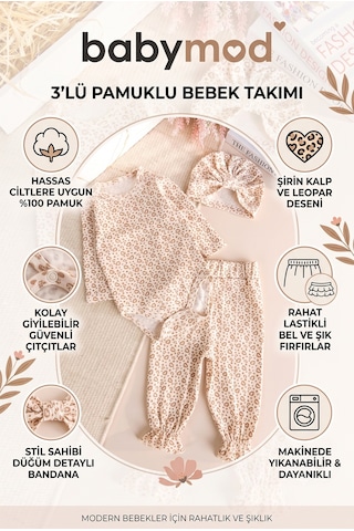 Babymod Kalp Desenli Natürel 3 'lü Pamuklu Kız Bebek Takım Ekru