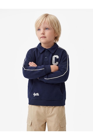 Koton Uzun Kollu Kanguru Cepli Nakış Detaylı Oversize Polo Yaka Sweatshirt Lacivert 7wmb10058tk