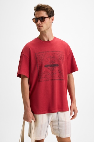 Grimelange TEMPUS Erkek Baskı Detaylı %100 Organik Pamuk Bisiklet Yaka Oversize Fit Bordo T-Shirt
