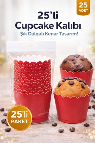 Cupcake Kalıbı & Kek Kapsülü & Muffin Kek Kalıbı & 25 Adet - Kırmızı Kek Kalıbı Kırmızı