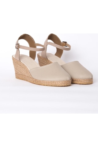 Star Tombis Gerçek Elişi Topuğu Açık Bilekten Bantlı Dolgu Topuk Bej Keten Hasır Espadril Handmade Bej