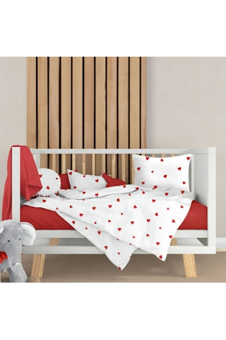 Lüks Ranforce Kumaşından Kırmızı Kalpli Bebek Nevresim Takımı 100x150 Beyaz - Kırmızı