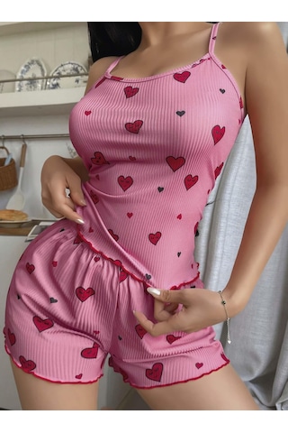 Findit Kadın Pembe Kalp Desenli Askılı Şortlu Takım 5103 Pembe