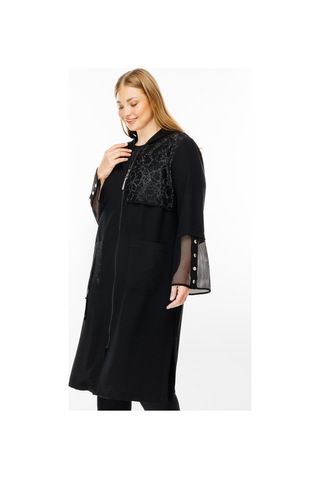 Moda İlgi Kadın Büyük Beden Fileli Ve Taş Detaylı Kapüşonlu Kap 7020 Siyah Siyah