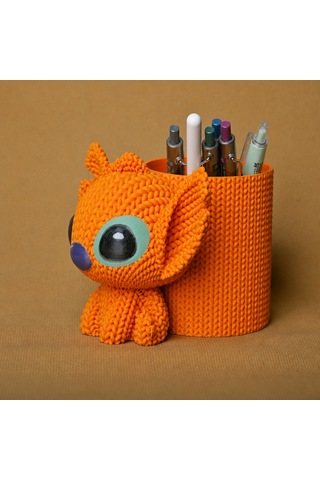 3d Baskı Knitted Kalemlik - Sevimli Karakterli Masaüstü Kalem Organizeri-turuncu Çok Renkli