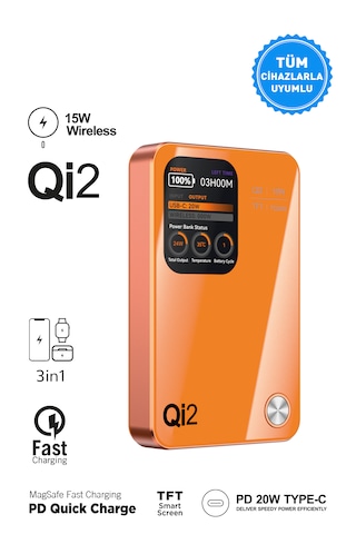 10.000 Mah Magsafe Hızlı Şarj Qı2/pd 20w Tft Ekranlı Powerbank Premium Serisi Turuncu