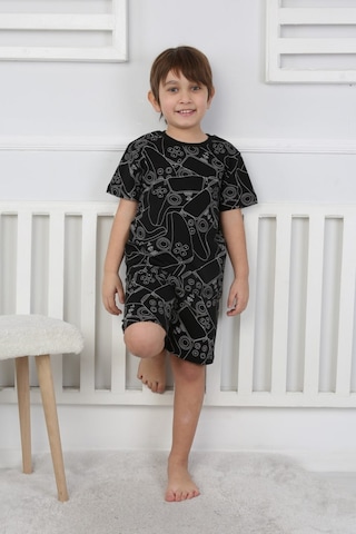 Bunny Hopp Şortlu Erkek Çocuk Pijama Takımı %100 Pamuk Desenli Yazlık 3-8 Yaş Siyah