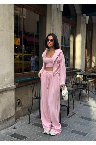 Evoa Kadın Pembe Dantel Detaylı Kapüşonlu Crop Hırka Palazzo Pantolon 3 Lü Takım
