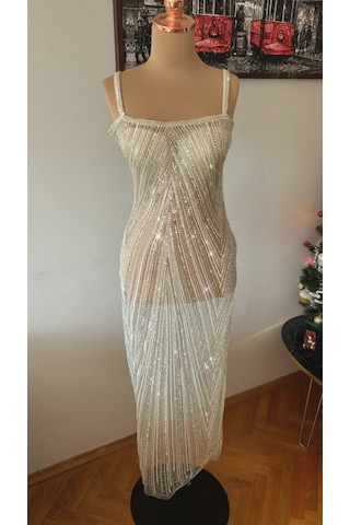 Chica Rosa Fashion Pudra Sarı Taşlı Kristal Abiye Elbise