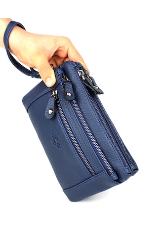 Erkek Lacivert Çok Bölmeli Bileklik Kemerli El Bantlı Portföy Çan
