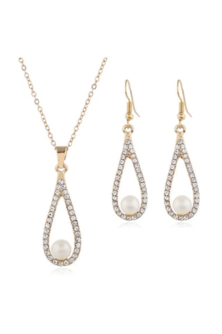 Girift Vintage Glisten Kristal Su Damlası Kolye Küpe Takı Seti İnci Taşlı Altın