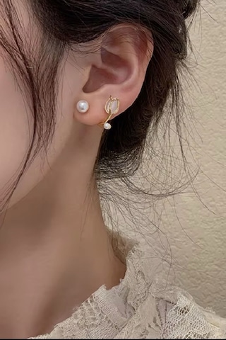 Kadın Küpe İncili Lale Model 14k Gold Minimal Tasarım Küpe Altın