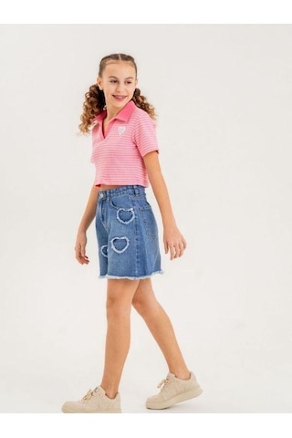 Kız Çocuk Kalp İşlemeli Denim Şort-13912 Mavi