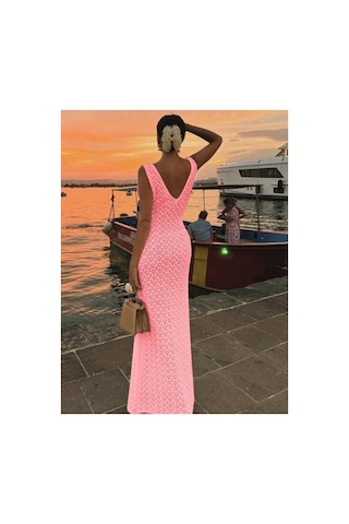 Butik İstanbul Kadın Askılı V Yakalı Uzun Triko Elbise Pembe