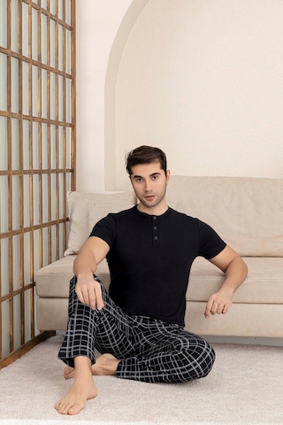 Guava Erkek Ekose Desen 3 Düğmeli Bisiklet Yaka Modal Yazlık Kısa Kol Cepli Pijama Takımı Siyah