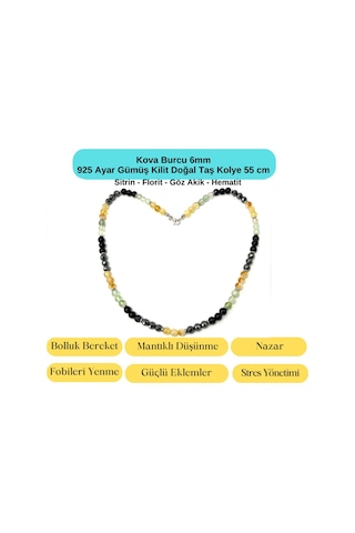 Sertifikalı Kova Burcu 6mm 925 Ayar Gümüş Doğal Taş Kolye 55 Cm