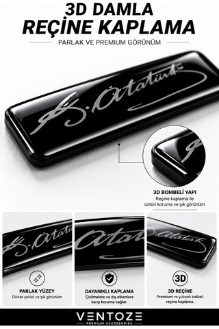 Atatürk Damla Etiket 3d Reçine Logo Sticker Oto Araç İçi Dekoratif Aksesuar 6x1,5 Cm