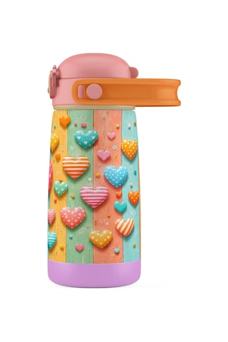 Puccon 420 Ml Kız Çocuk Pembe Sarı Kalp Baskılı Okul Ve Günlük Çelik Matara Suluk - 60013 Pembe - Sarı