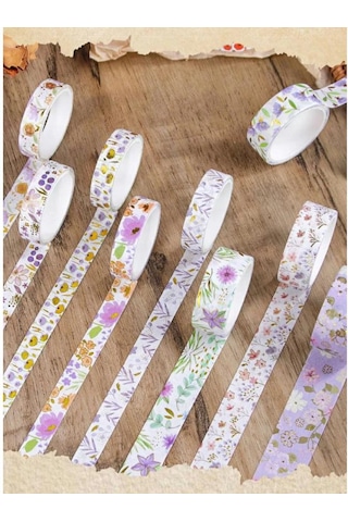 Kare Vintage Washi Tape Bant Yapışkanlı Maskeleme Kağıdı Desenli Bant 12'li - Mor Çiçekler 1