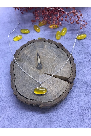 Sarı Akik Taşlı Gümüş Kolye 925 Ayar Doğal Taş