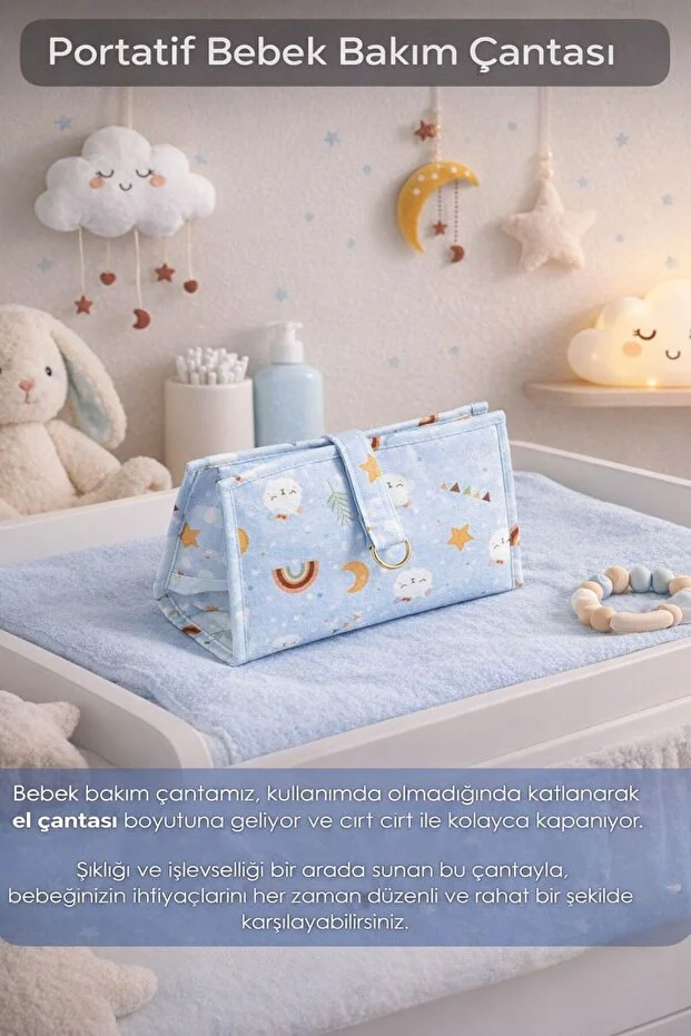 Premium Mavi Bebek Alt Bakım Çantası Mavi Pratik Organizer Seyahat Tipi Alt Açma Çantası 24x44