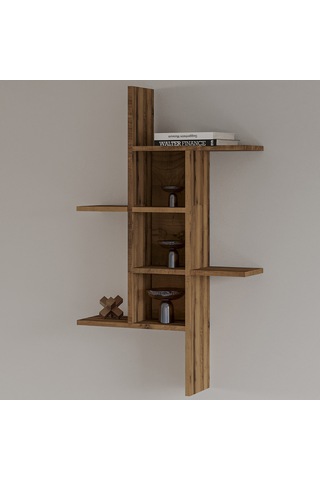 Madagaskar Duvar Rafı Asimetrik Tasarım, Duvara Monte Dekoratif Kitaplık Antik Ceviz