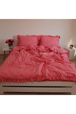 Maki Home %100 Pamuklu Fırfırlı Fuşya 200x220+2 50x70 Çift Kişilik Nevresim Ve Yastık Kılıfı Seti Fuşya