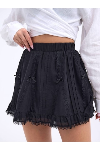 Fashion Cocktail Minik Fiyonklu Dantel Şeritli Esnek Lastik Bel Kombin Gotik Etek Siyah Siyah