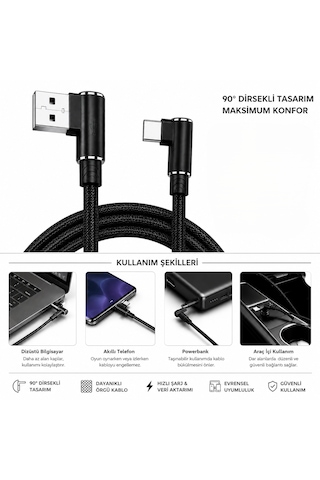 90 L Tipi Usb To Type-c Şarj Kablosu Kırılmaya Karşı Dayanıklı Diğer