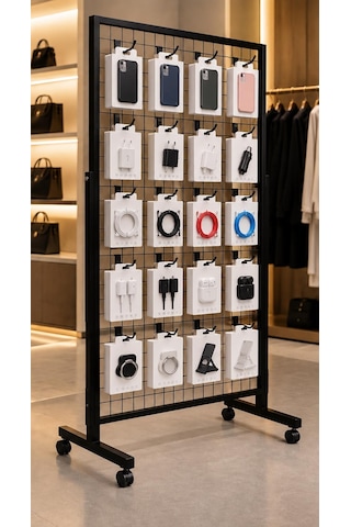 Tekerlekli Sık Telli Tel Raf - Tel Pano Stand, Duvar Askılığı-20 Adet 20 Cm Tel Pano Kanca Hediyeli 90 x 190 CM