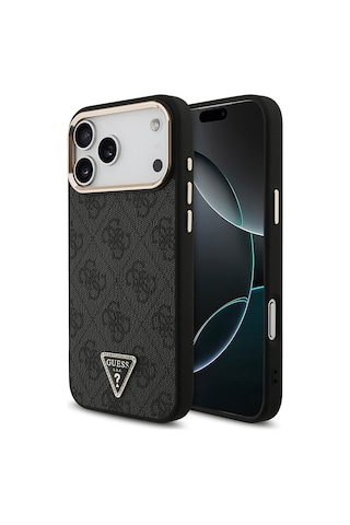 Apple Uyumlu iPhone 17 Pro Max Kılıf Guess Lisanslı M-safeli Taşlı Üçgen Logo 4g Desenli Kapak Siyah Siyah