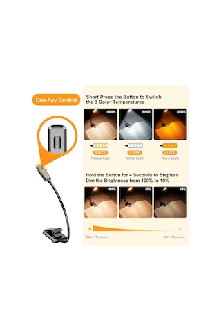 9 Led Şarj Edilebilir Kitap Yatakta Okuma İçin Işık - Göz Bakım 3 Renk Sıcaklığı, Basamaksız Karartma -