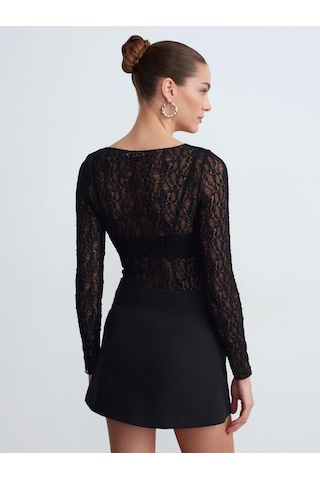 Dilvin 32764 Kayık Yaka Dantel Top-siyah