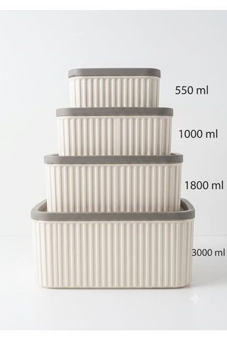 4 Parça Kapaklı İç İçe Geçebilen Erzak Ve Mutfak Saklama Kabı Seti - Krem / Gri Oluklu Desen 550ml, 1000ml, 1800ml, 3000ml Çizgili Tasarım Mutfak Düzenleyici Set --