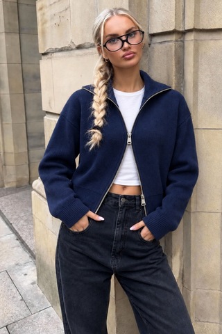 Cool Tarz Kadın Stardart Beden Çift Fermuarlı Dik Yaka Crop Triko Hırka Lacivert Lacivert