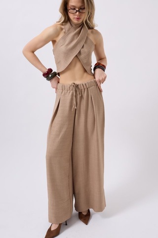Hazego Düşük Bel Oversize Keten Pantolon Vizon
