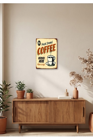 Fresh Brewed Coffee Retro Tablo Vintage Kahve Temalı Dekoratif Duvar Tablosu Ahşap & Metal Baskı