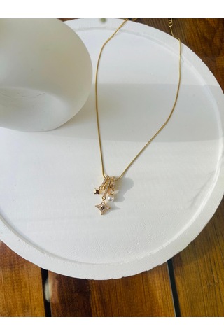 İnci Detay Charm Çelik Kolye Altın