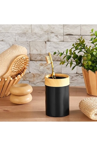 Bersachef Limpia Bambu Desenli 5'li Banyo Seti Çöp Kovası Sıvı Sabunluk Diş Fırçalık Kutusu Banyo Seti Siyah